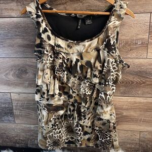 New Direction Ladies Leopard & Floral Ruffled Layerd Top  Brown & Black